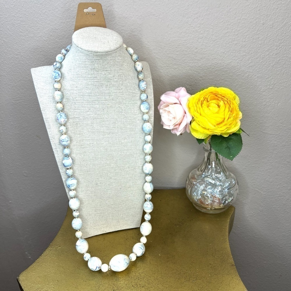 Vintage Pastel Beaded Necklace 36” Length Blue White
